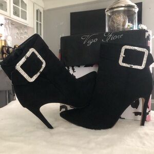Black Suede Diamond Buckle Booties Ankle Boots